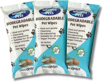 Nilaqua Pets Biodegradable Cleansing Pet Wipes in Coconut x 3 Packs | Deodourising, Alcohol Free and Vegan Friendly | for ALL Kinds of Pets Dogs Cats | 50 Dog Wipes each pack | 150 Wipes Total