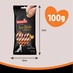 Rosewood Small Trio Sticks for Dogs - Made with Chicken, Grain Free Chews, High Protein Dog Treats, By Pets Unlimited (10pc, 100g)