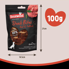 Rosewood Steak Bites for Dogs - Made with Beef and Pollock, Grain Free Chews, High Protein, Bite-Sized Dog Treats, By Pets Unlimited (100g)