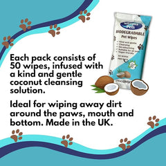 Nilaqua Pets Biodegradable Cleansing Pet Wipes in Coconut x 3 Packs | Deodourising, Alcohol Free and Vegan Friendly | for ALL Kinds of Pets Dogs Cats | 50 Dog Wipes each pack | 150 Wipes Total