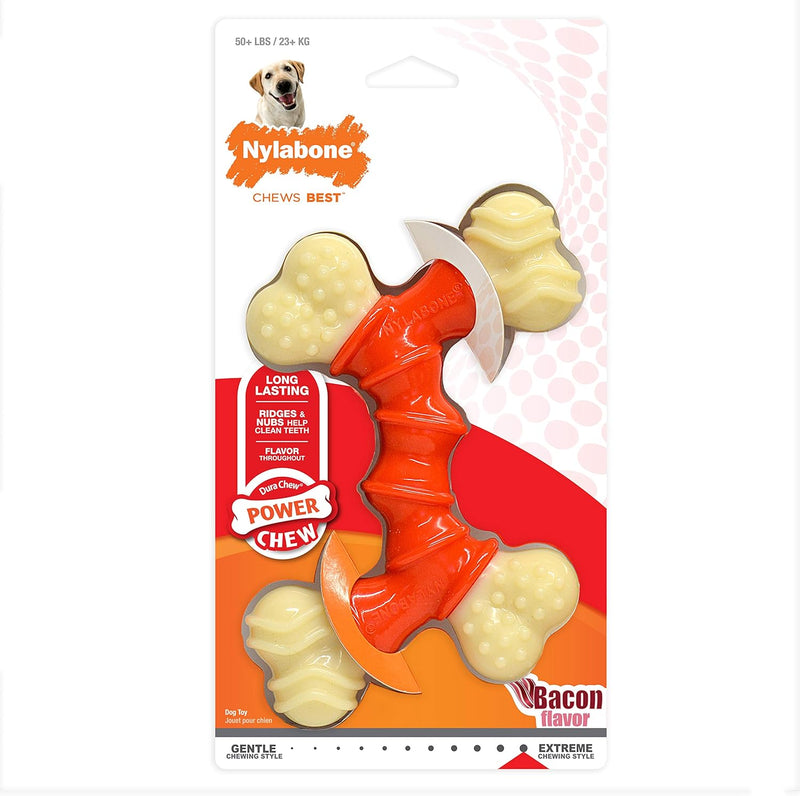 Nylabone Extreme Tough Dog Chew Toy, Double Bend Bone, Cleans Teeth, Bacon Flavour, Extra Large, for Dogs over 23 kg