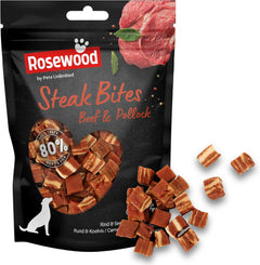 Rosewood Steak Bites for Dogs - Made with Beef and Pollock, Grain Free Chews, High Protein, Bite-Sized Dog Treats, By Pets Unlimited (100g)
