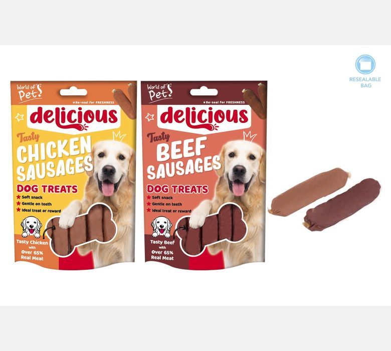 World of pets Meaty Chicken & Beef Sausage Dog Treat 2 Assorted 7 Pack 100g