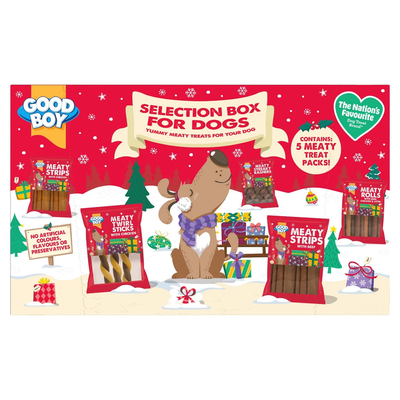 Good Boy Selection Box for Dogs 150g in festive red packaging, containing five meaty treat packs