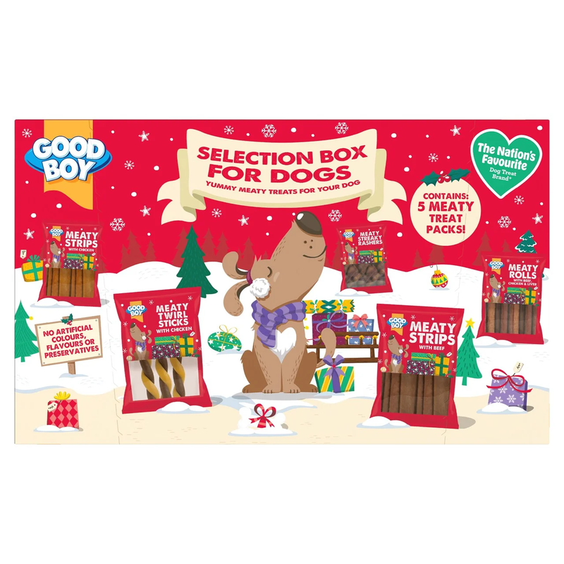 Good Boy Selection Box for Dogs 150g in festive red packaging, containing five meaty treat packs