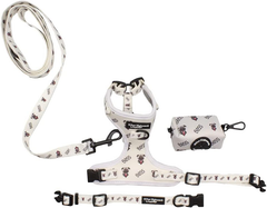 Paw Highness white Boss design harness, collar, lead and poo bag holder set
