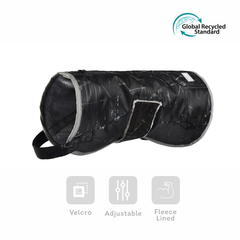 OHANA ECO dog coat flat view showing Velcro fastening, adjustable straps and fleece lining