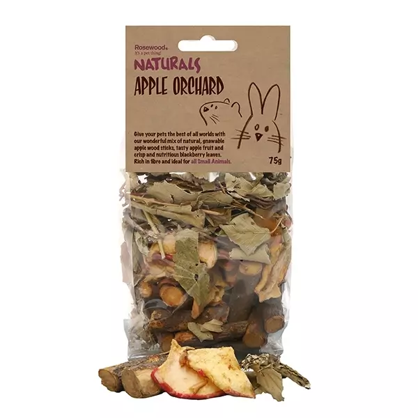 Rosewood Naturals Apple Orchard 75g pack of small animal treat nibbles with apple twigs, leaves, bark, fruit and berries