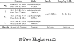 Paw Highness harness, collar, lead and poo bag holder measurements for sizes XS to L