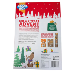 Back of Good Boy Chewy Treat Advent Calendar for Dogs showing rawhide-free chicken treats, 60g and feeding information