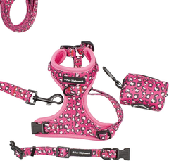 Paw Highness pink leopard harness, collar, lead and poo bag holder set