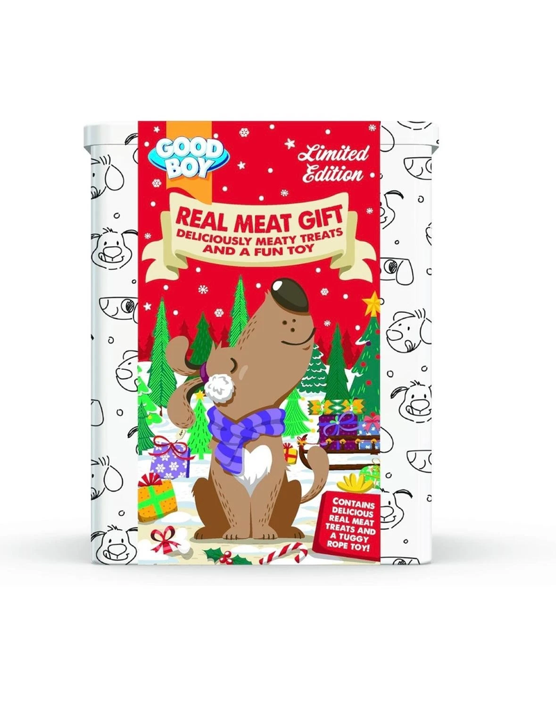 Good Boy limited-edition Real Meat Christmas Gift Treat Tin containing dog treats and a tuggy rope toy