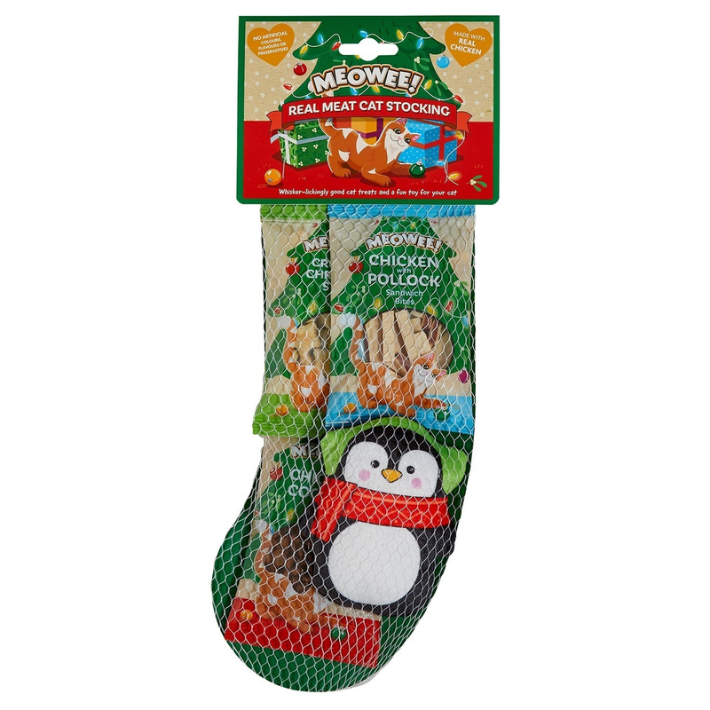 Meowee Real Meat Cat Christmas Stocking with treat packs and a penguin toy