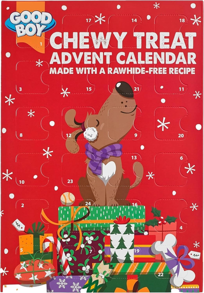 Good Boy Chewy Treat Advent Calendar for Dogs with red festive packaging and rawhide-free recipe