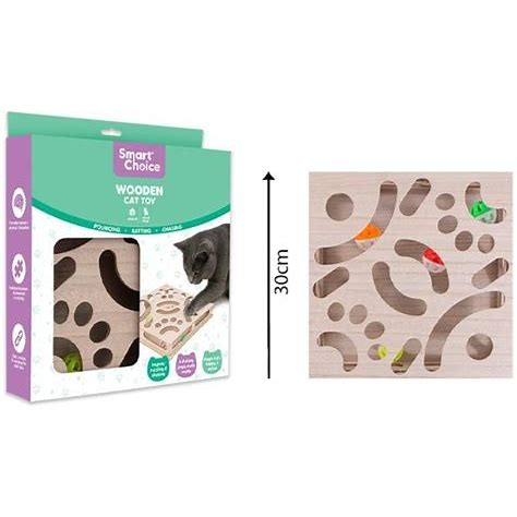 Smart Choice wooden cat activity toy with coloured balls, packaging and a 30cm size guide on a white background