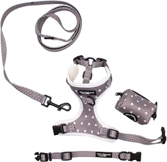 Paw Highness grey polkadot harness, collar, lead and poo bag holder set