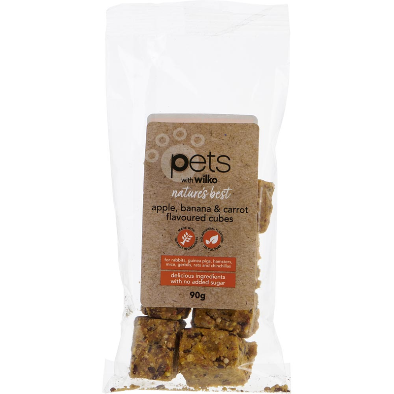 Wilko Nature's Best apple, banana and carrot flavoured cubes for small animals, 90g pack